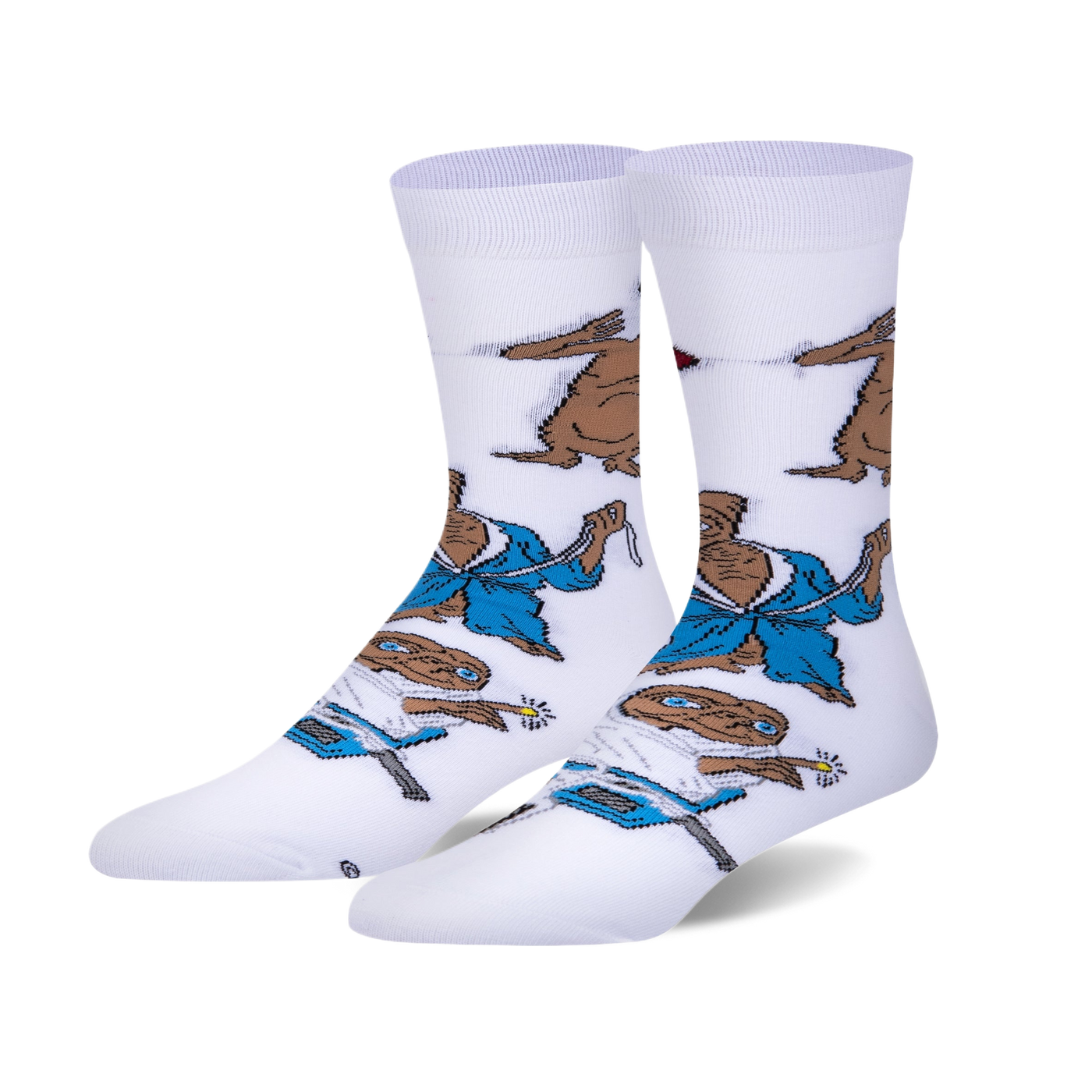 Pair of white crew socks with an all-over print of E.T. in a blue robe and other scenes from the movie. 