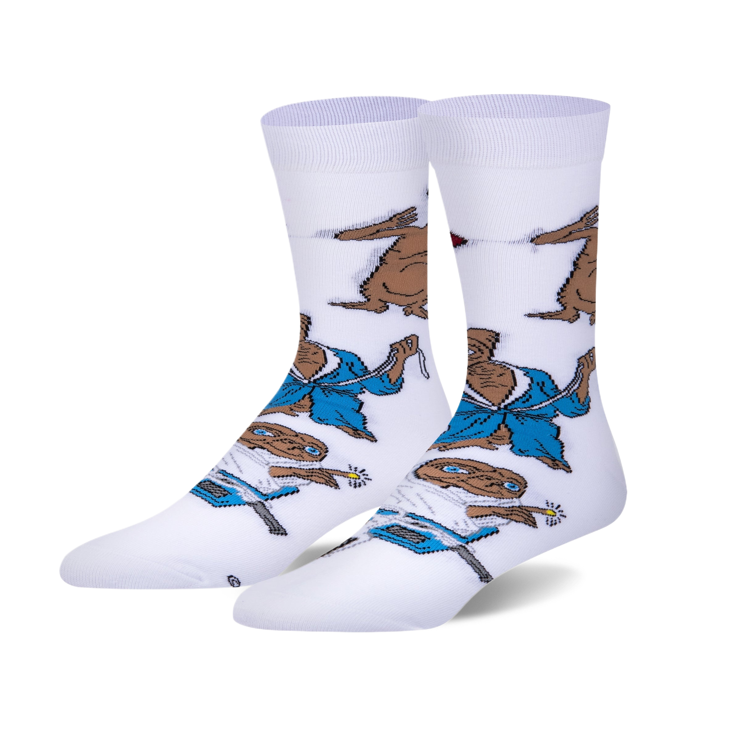 Pair of white crew socks with an all-over print of E.T. in a blue robe and other scenes from the movie. 