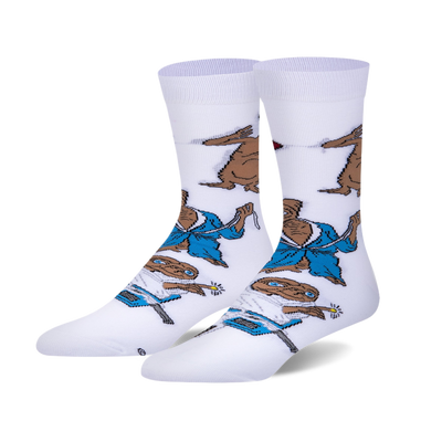 White crew socks with a repeating pattern of E.T. in different disguises, like a blue robe and a white sheet ghost.
