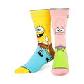 Pair of mismatched crew socks. Left sock is yellow with Spongebob's face and body. Right sock is pink with Patrick's face.
