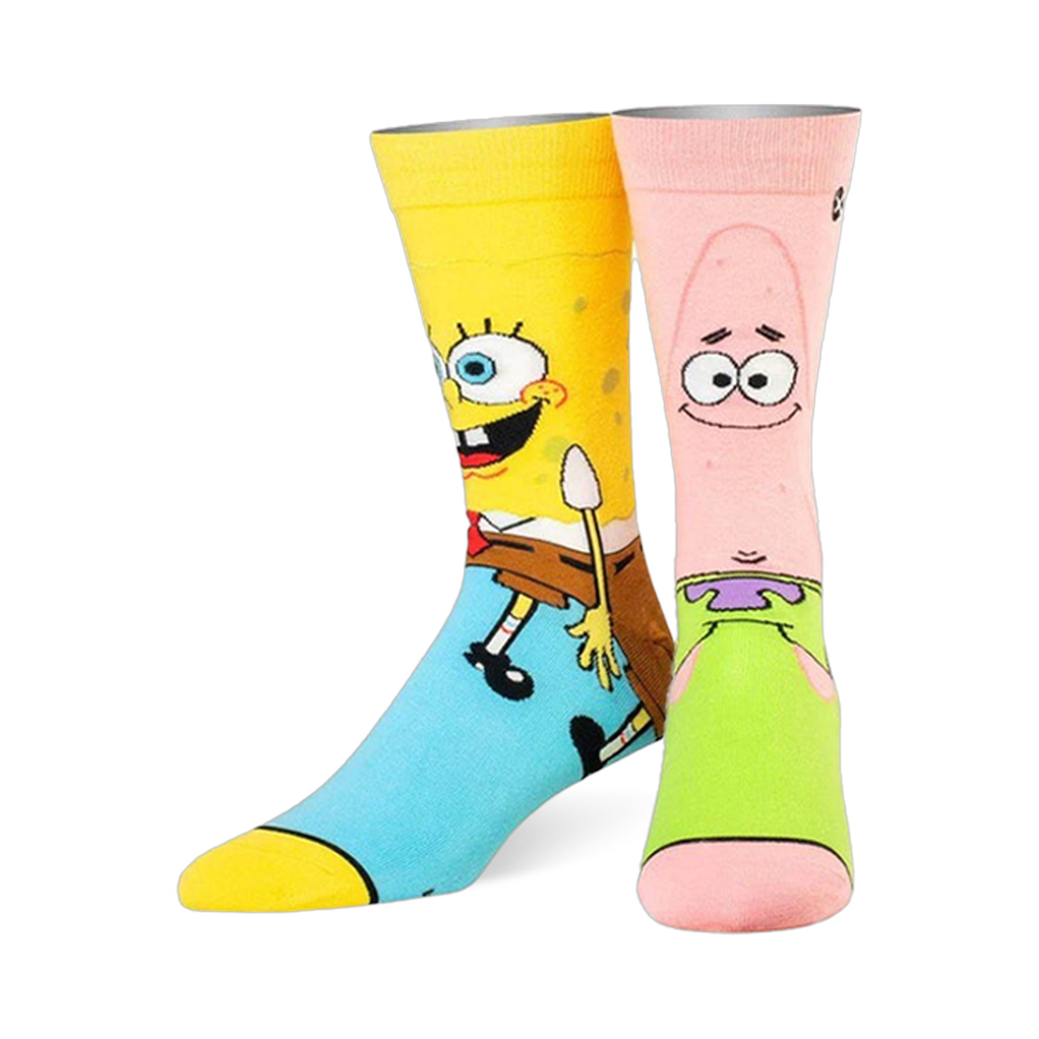 Pair of mismatched crew socks. Left sock is yellow with Spongebob's face and body. Right sock is pink with Patrick's face.