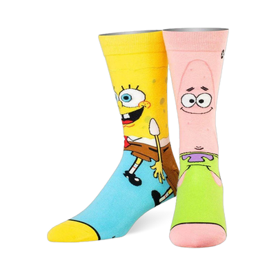 Pair of mismatched crew socks. Left sock is yellow with Spongebob's face and body. Right sock is pink with Patrick's face.