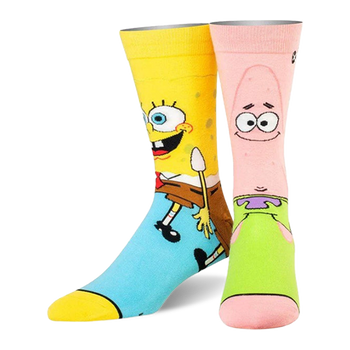 Pair of mismatched crew socks. Left sock is yellow with Spongebob's face and body. Right sock is pink with Patrick's face.