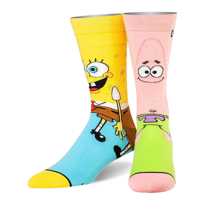 Pair of mismatched crew socks. Left sock is yellow with Spongebob's face and body. Right sock is pink with Patrick's face.
