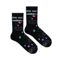 Flat lay of two black Star Trek socks showing the Enterprise ship and colorful orbiting planets.