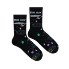 Flat lay of two black Star Trek socks showing the Enterprise ship and colorful orbiting planets.