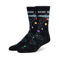 Black Star Trek crew socks showing the USS Enterprise, retro logo text, white stars, and colorful orbiting planets.