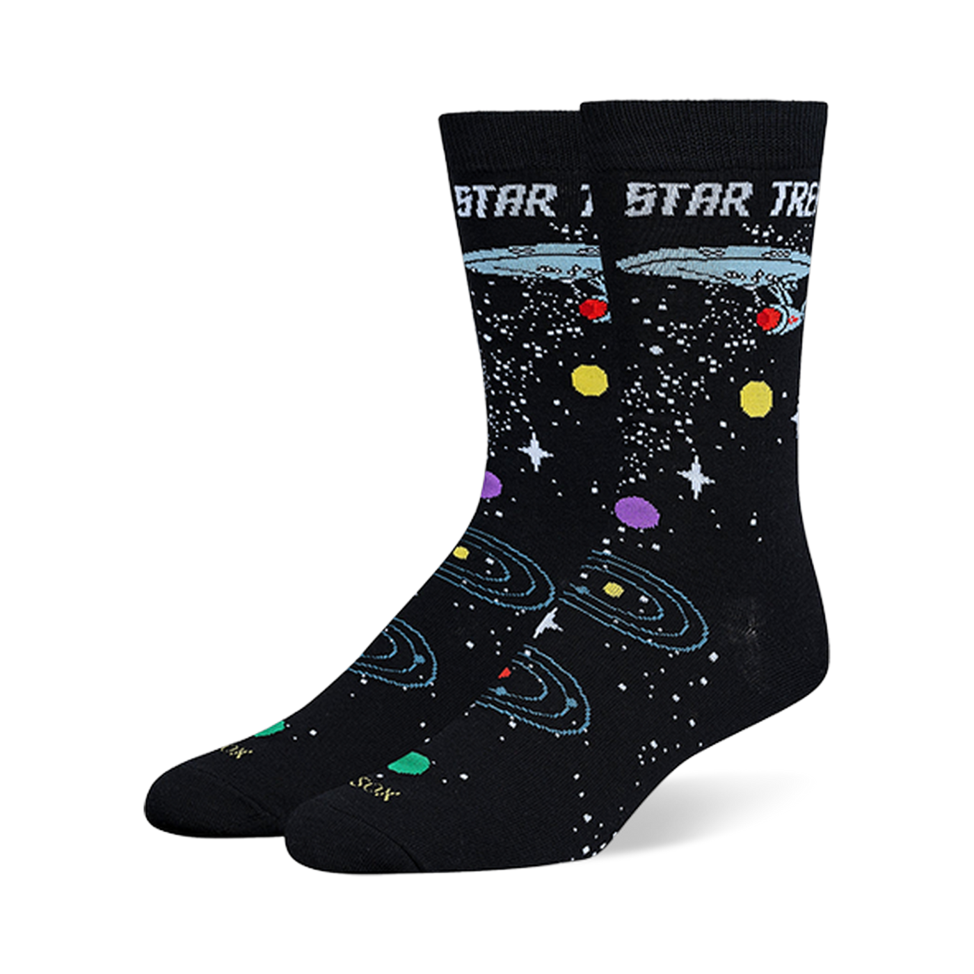 Black Star Trek crew socks showing the USS Enterprise, retro logo text, white stars, and colorful orbiting planets.