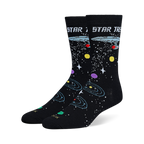 Black Star Trek crew socks showing the USS Enterprise, retro logo text, white stars, and colorful orbiting planets.