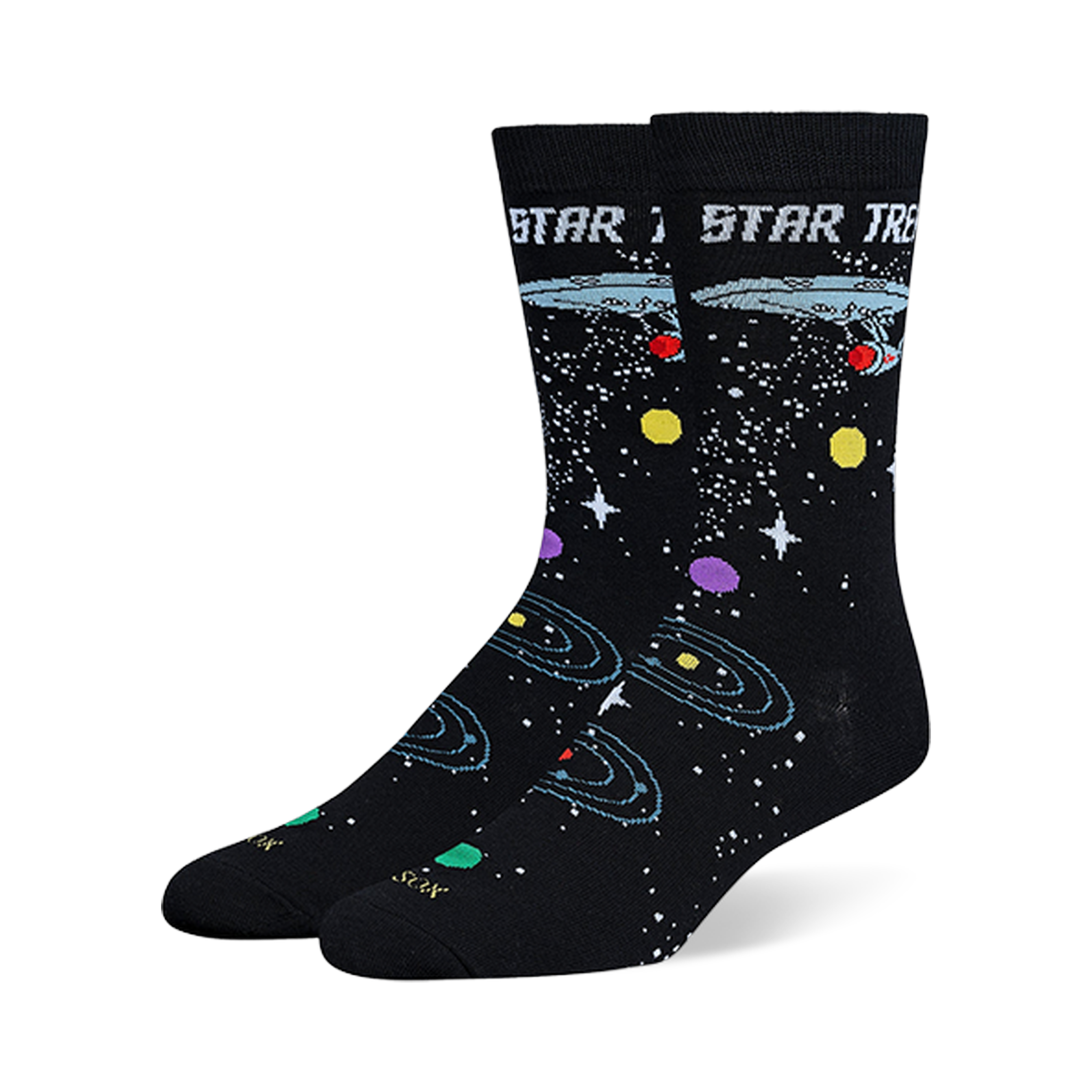 Black Star Trek crew socks showing the USS Enterprise, retro logo text, white stars, and colorful orbiting planets.