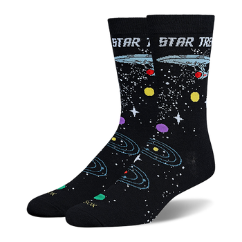 Black Star Trek crew socks showing the USS Enterprise, retro logo text, white stars, and colorful orbiting planets.