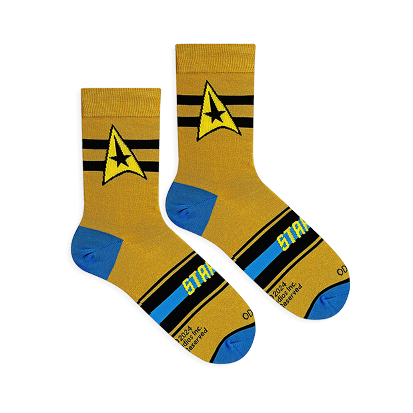 Flat lay of folded yellow socks showing the black and yellow Starfleet command insignia, black stripes, and blue toes.