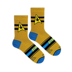 Flat lay of folded yellow socks showing the black and yellow Starfleet command insignia, black stripes, and blue toes.