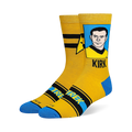 Yellow crew socks featuring a retro Captain Kirk portrait in a blue box, Starfleet insignia, black stripes, and blue toes.