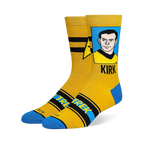 Yellow crew socks featuring a retro Captain Kirk portrait in a blue box, Starfleet insignia, black stripes, and blue toes.
