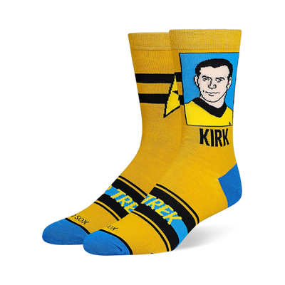 Yellow crew socks featuring a retro Captain Kirk portrait in a blue box, Starfleet insignia, black stripes, and blue toes.