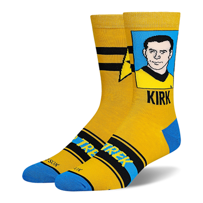 Yellow crew socks featuring a retro Captain Kirk portrait in a blue box, Starfleet insignia, black stripes, and blue toes.