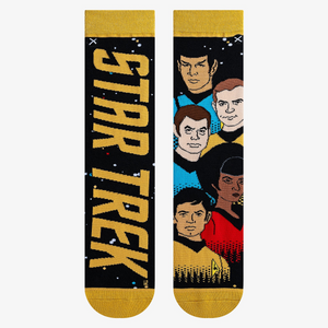 Flatlay showcasing both Star Trek socks on a white background, highlighting the design details.