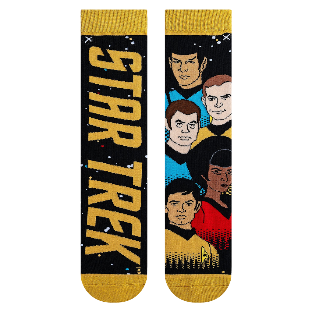 Flatlay showcasing both Star Trek socks on a white background, highlighting the design details.