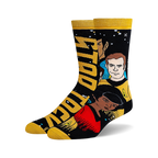Pair of crew socks in black and gold, featuring a pixelated design of the original Star Trek cast. 