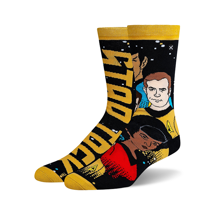 Pair of crew socks in black and gold, featuring a pixelated design of the original Star Trek cast. 