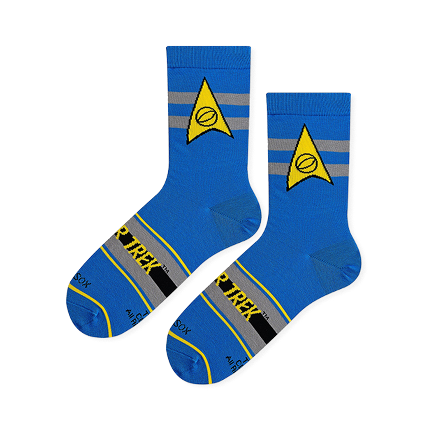 Flat lay of blue socks showing the Starfleet science insignia and Star Trek text across the striped foot.
