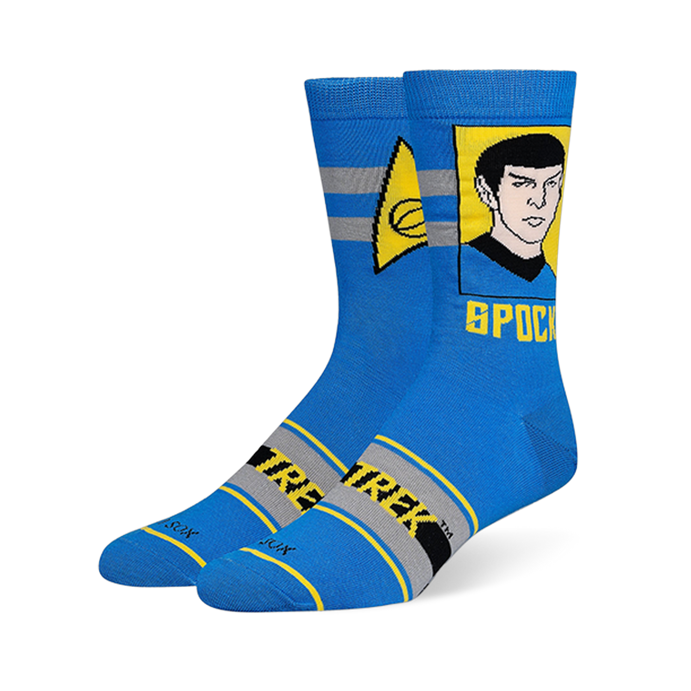 Blue crew socks showing a portrait of Spock in a yellow box, the Starfleet science insignia, and gray leg stripes.