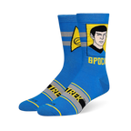 Blue crew socks showing a portrait of Spock in a yellow box, the Starfleet science insignia, and gray leg stripes.