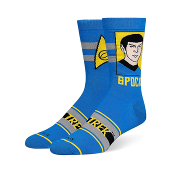 Blue crew socks showing a portrait of Spock in a yellow box, the Starfleet science insignia, and gray leg stripes.