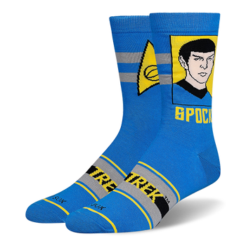 Blue crew socks showing a portrait of Spock in a yellow box, the Starfleet science insignia, and gray leg stripes.