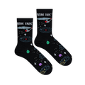 Flat lay of black Star Trek socks showing the USS Enterprise, blue orbital rings, white stars, and colorful planets.