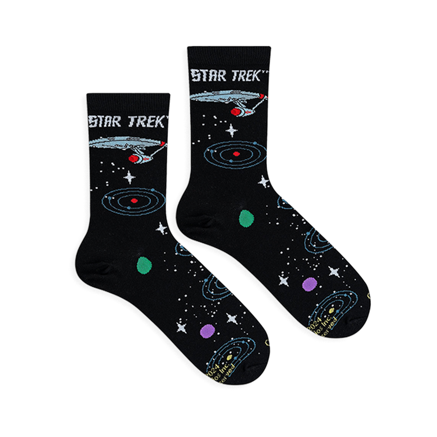 Flat lay of black Star Trek socks showing the USS Enterprise, blue orbital rings, white stars, and colorful planets.
