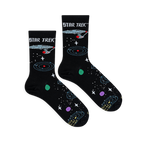Flat lay of black Star Trek socks showing the USS Enterprise, blue orbital rings, white stars, and colorful planets.