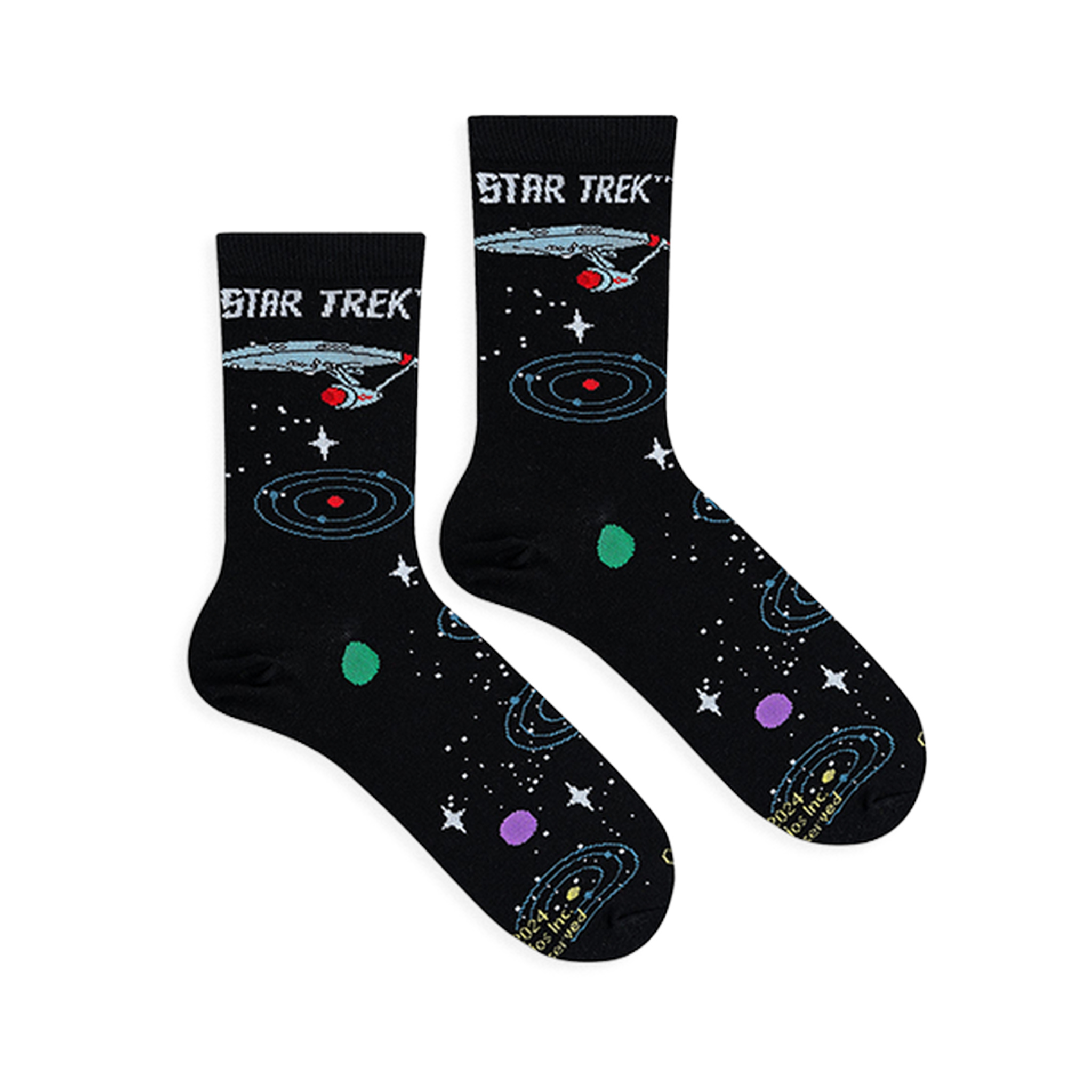 Flat lay of black Star Trek socks showing the USS Enterprise, blue orbital rings, white stars, and colorful planets.