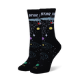Black crew socks featuring the Star Trek logo, USS Enterprise, white stars, orbital rings, and colorful planets.