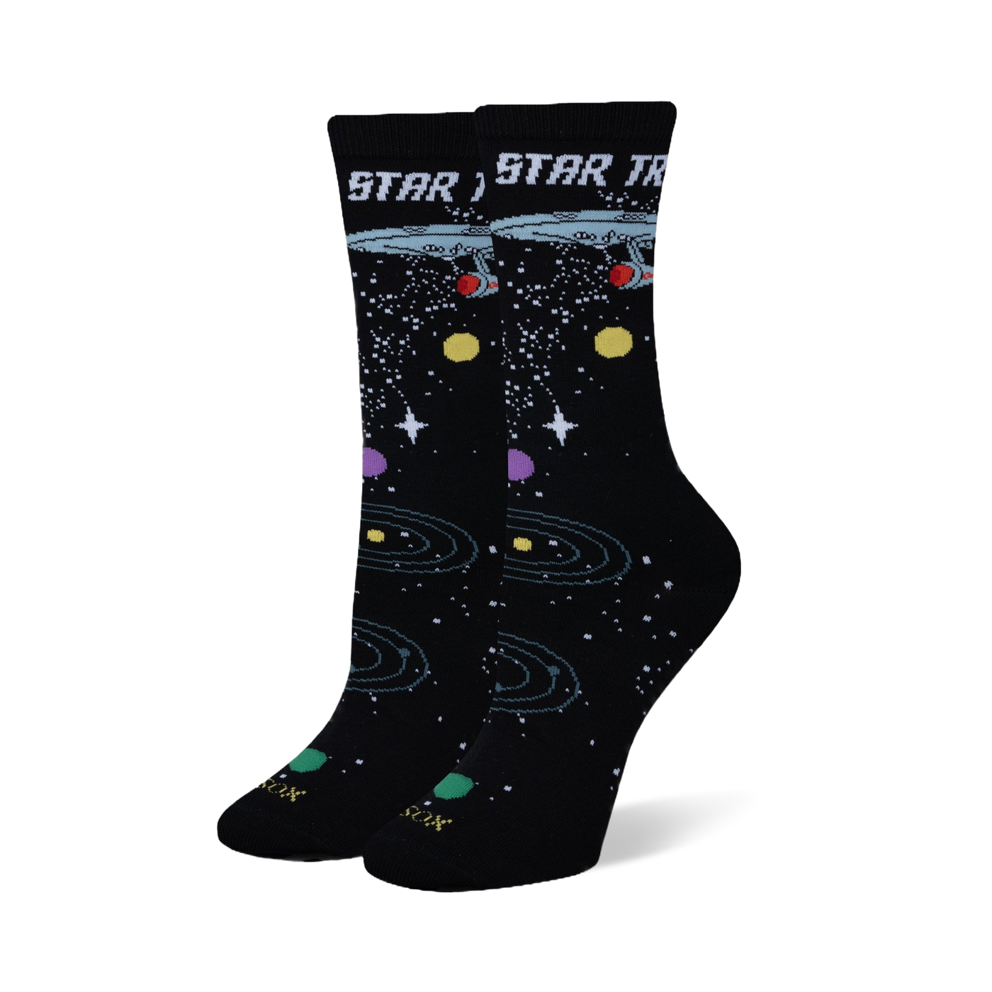 Black crew socks featuring the Star Trek logo, USS Enterprise, white stars, orbital rings, and colorful planets.
