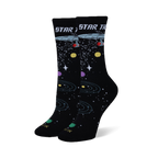 Black crew socks featuring the Star Trek logo, USS Enterprise, white stars, orbital rings, and colorful planets.