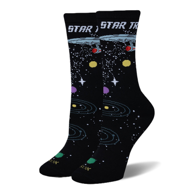 Black crew socks featuring the Star Trek logo, USS Enterprise, white stars, orbital rings, and colorful planets.