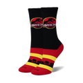 Pair of black, red, and yellow crew socks. Feature the Jurassic Park logo and a stripe design.