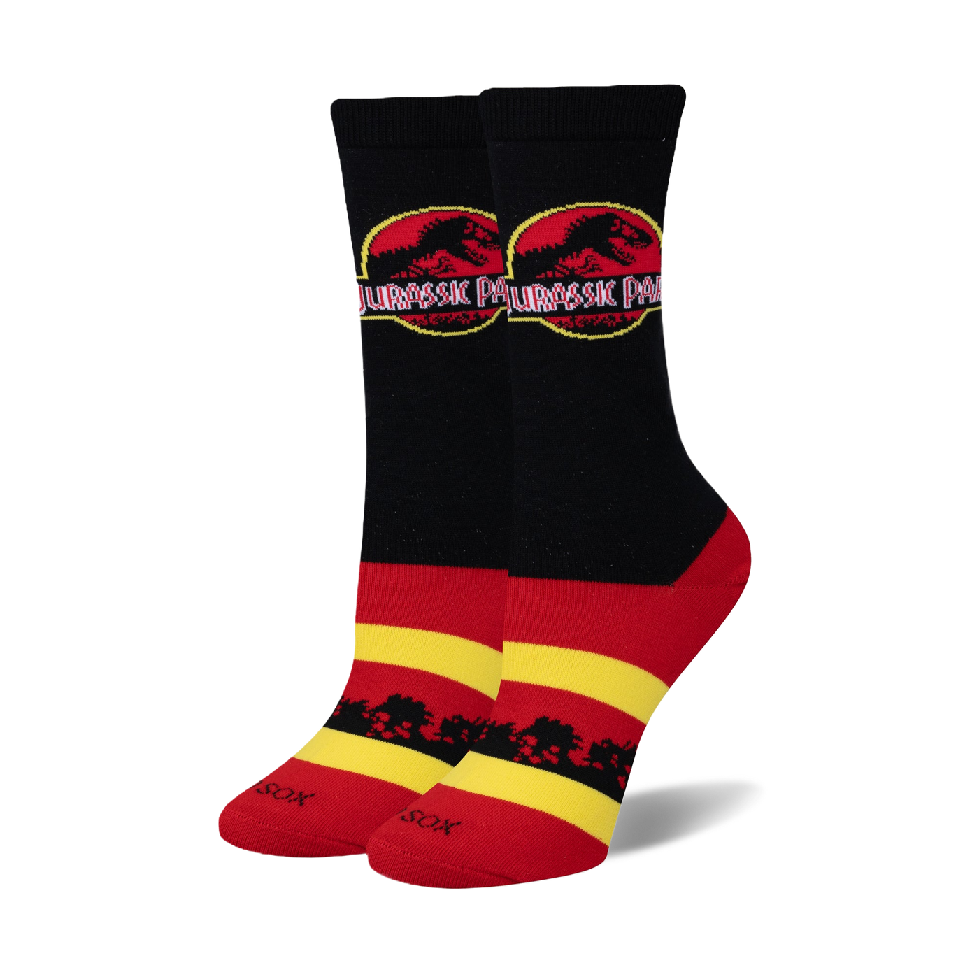 Pair of black, red, and yellow crew socks. Feature the Jurassic Park logo and a stripe design.