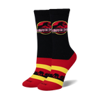 Pair of black, red, and yellow crew socks. Feature the Jurassic Park logo and a stripe design.