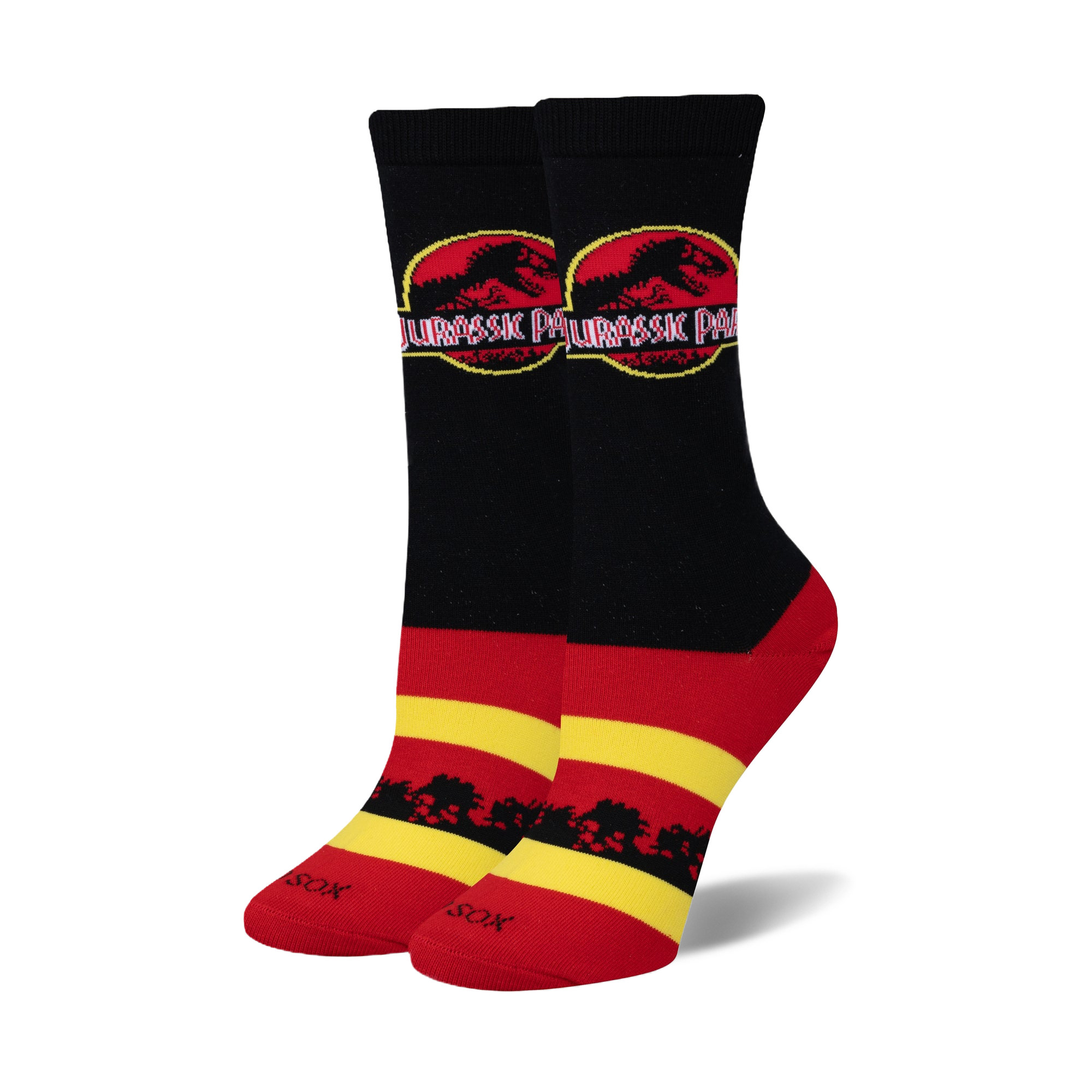 Pair of black, red, and yellow crew socks. Feature the Jurassic Park logo and a stripe design.