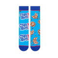 Flat lay of two blue socks side-by-side. Left sock has stacked Chips Ahoy! logos, right sock has a bitten cookie pattern.