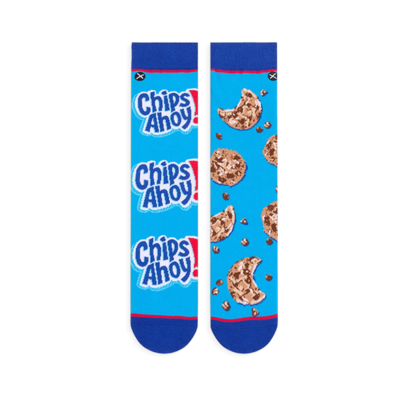 Flat lay of two blue socks side-by-side. Left sock has stacked Chips Ahoy! logos, right sock has a bitten cookie pattern.