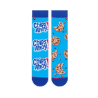Flat lay of two blue socks side-by-side. Left sock has stacked Chips Ahoy! logos, right sock has a bitten cookie pattern.