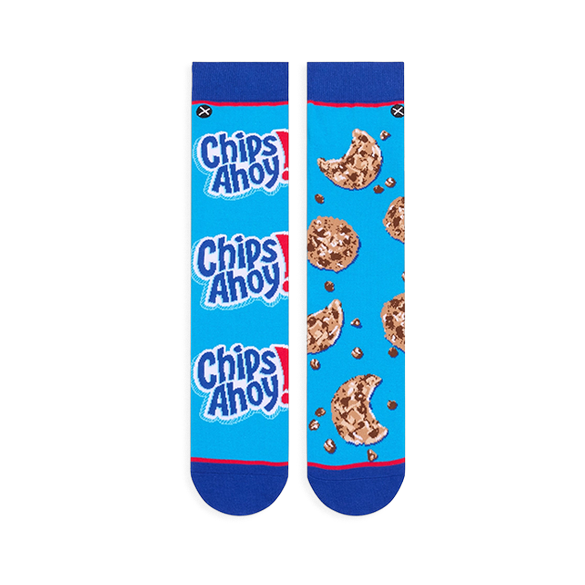 Flat lay of two blue socks side-by-side. Left sock has stacked Chips Ahoy! logos, right sock has a bitten cookie pattern.