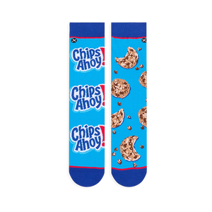 Flat lay of two blue socks side-by-side. Left sock has stacked Chips Ahoy! logos, right sock has a bitten cookie pattern.