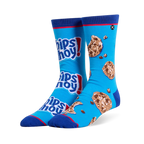 Mismatched bright blue crew socks. One has stacked Chips Ahoy! logos, the other has chocolate chip cookies and loose chips.