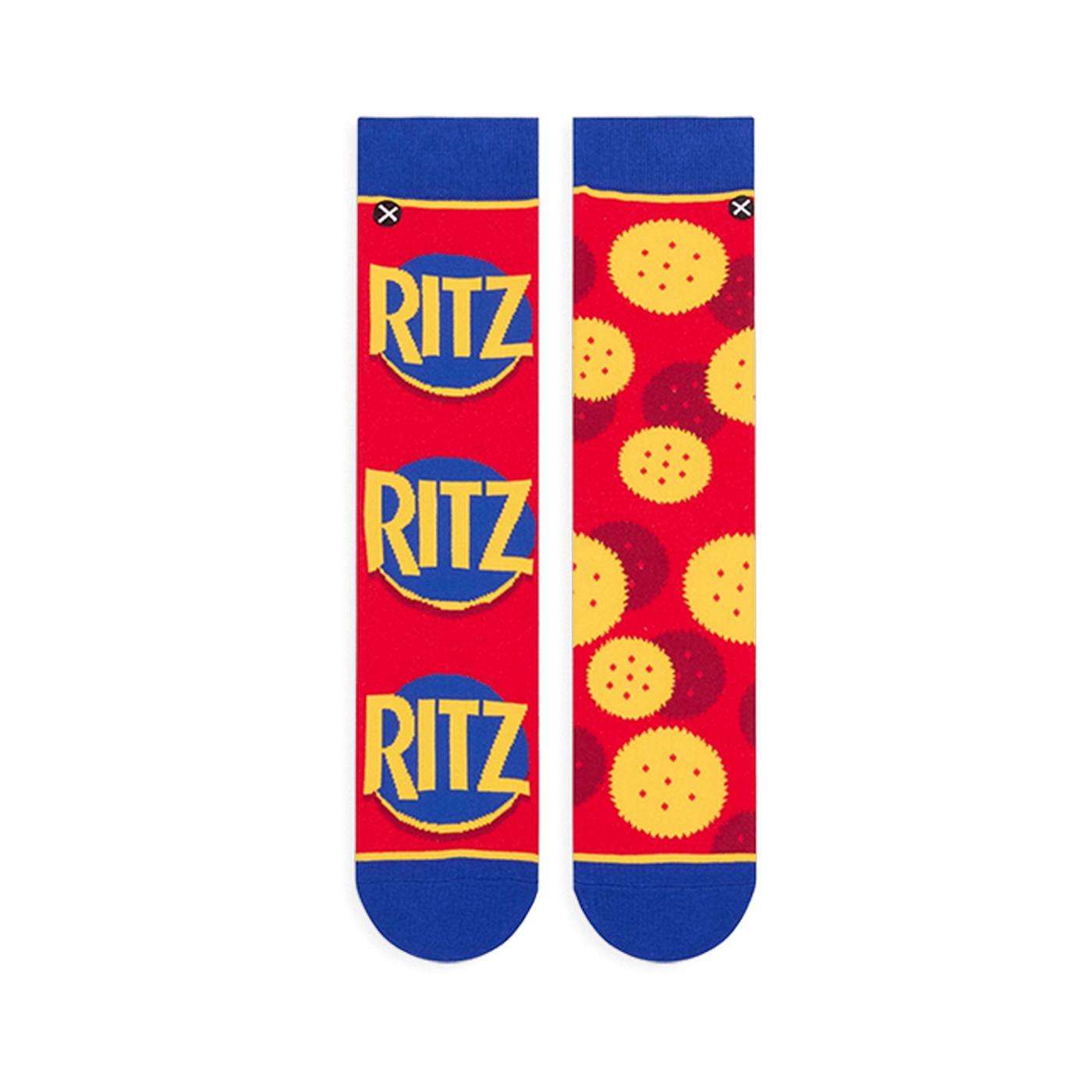Flat lay of red mismatched socks. Left sock shows three stacked Ritz logos. Right sock displays a scattered cracker pattern.