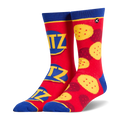 Mismatched red crew socks. Left side has stacked Ritz logos. Right side shows yellow Ritz crackers. Blue cuffs and toes.